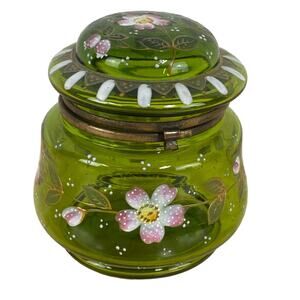 Vintage Signed Moser Green Mushroom Vanity Jar Hinged Lid Floral Good Condition